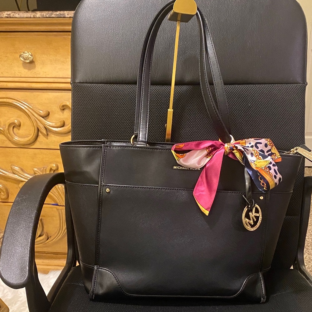 Michael Kors Black Tote with Pink Scarf Accent